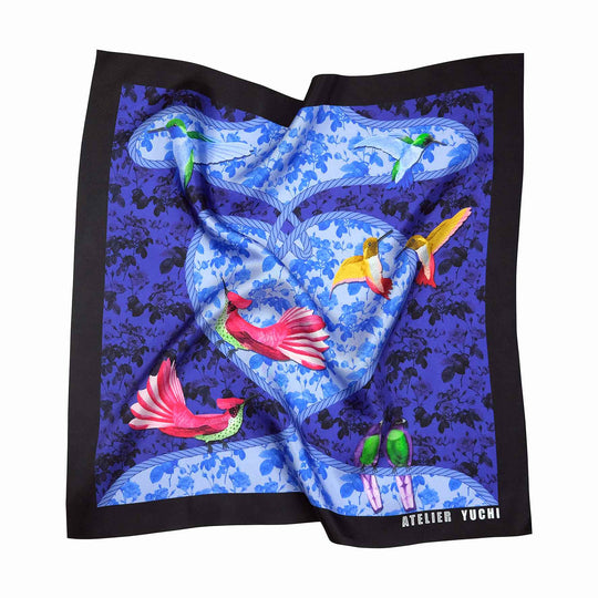 Atelier Yuchi Love Birds Night foulard with Rope birds Floral print Midnight blue tone