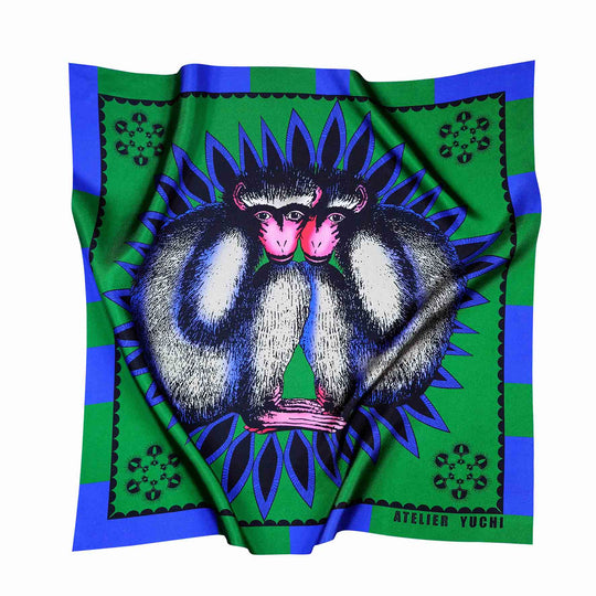 Atelier Yuchi Monkey Romance Silk Scarf jungle green and cobalt blue